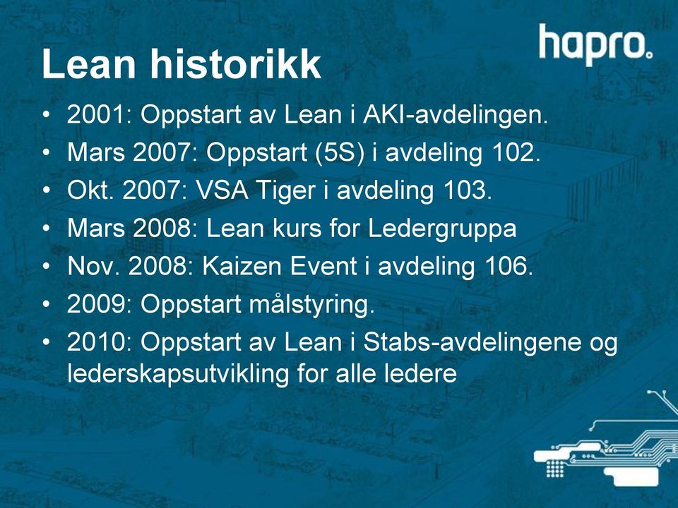 Mars 2008: Lean kurs for Ledergruppa Nov. 2008: Kaizen Event i avdeling 106.