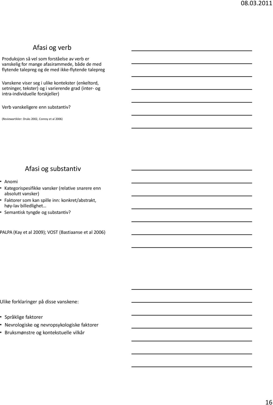 (Reviewartikler: Druks 2002, Conroy et al 2006) Afasi og substantiv Anomi Kategorispesifikke vansker (relative snarere enn absolutt vansker) Faktorer som kan spille inn: konkret/abstrakt,