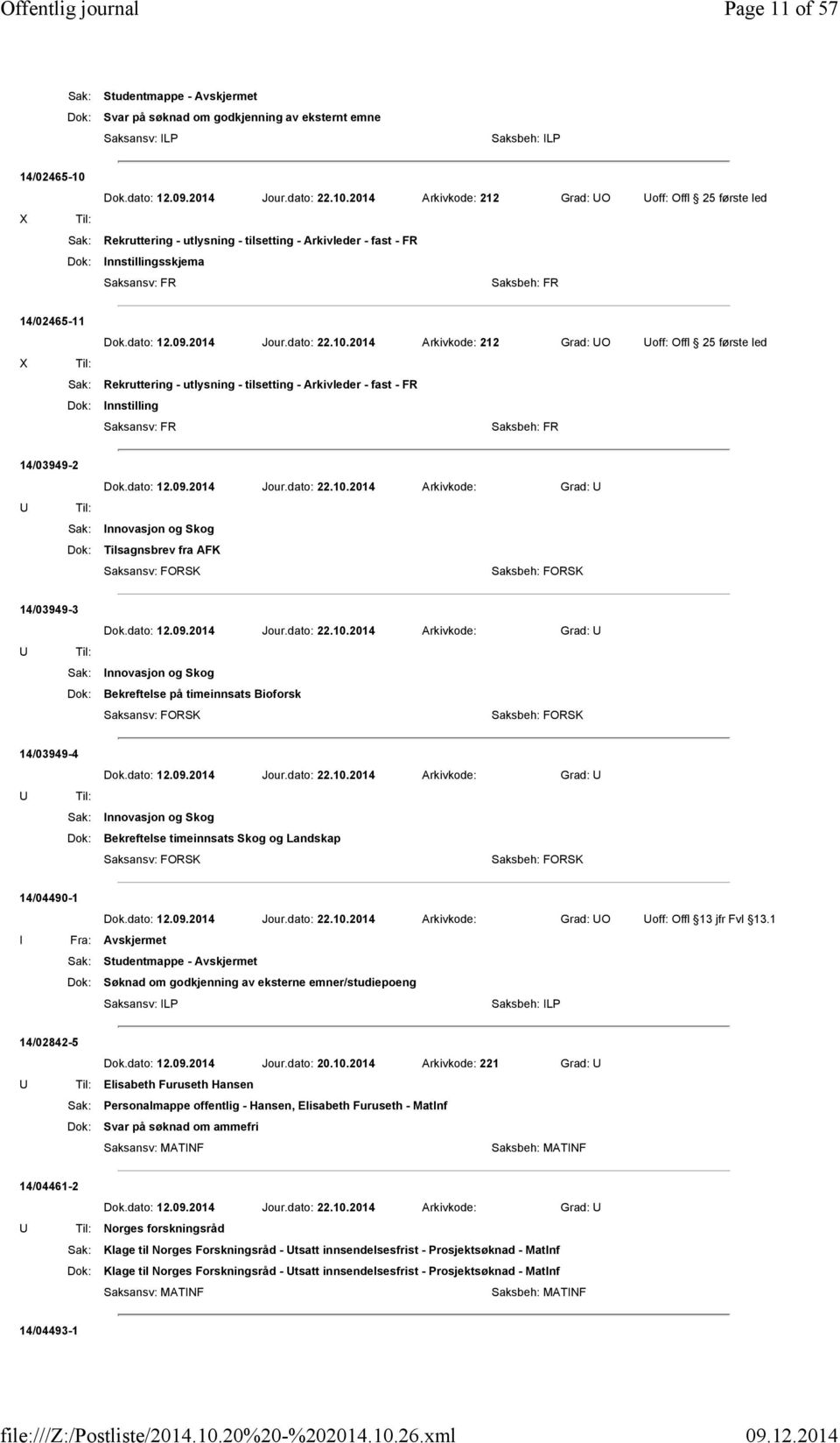 2014 Arkivkode: 212 Grad: UO Uoff: Offl 25 første led Sak: Rekruttering - utlysning - tilsetting - Arkivleder - fast - FR Dok: Innstillingsskjema Saksansv: FR Saksbeh: FR 14/02465-11 2014 Arkivkode: