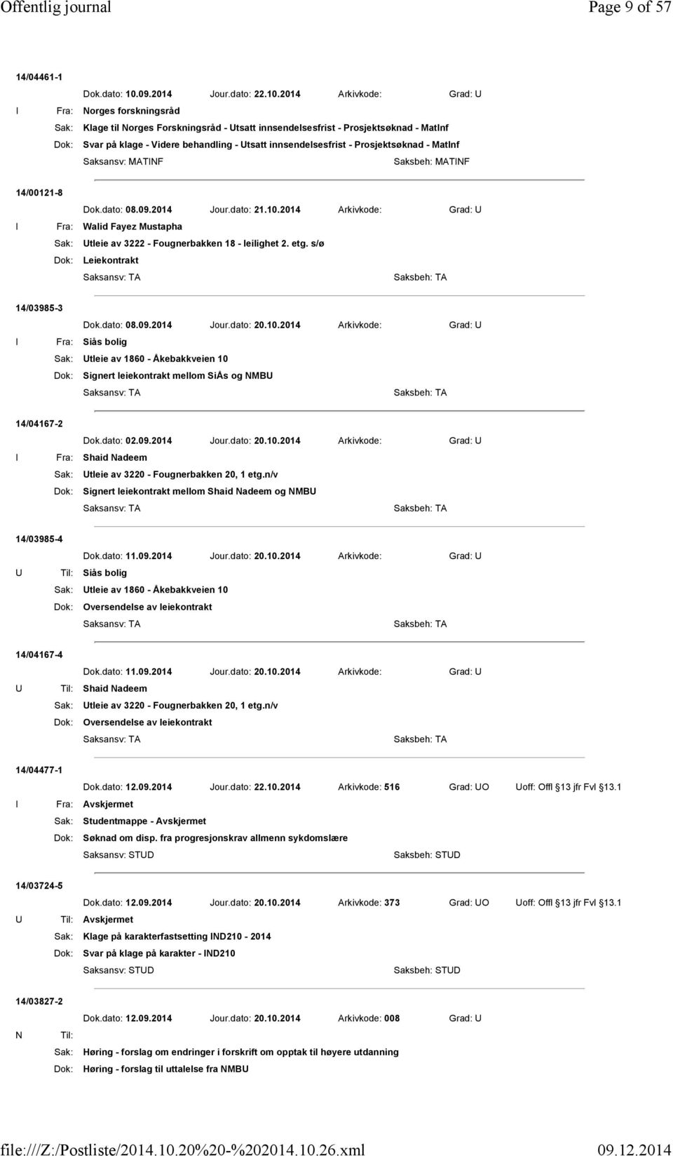 2014 Arkivkode: Grad: U I Fra: Norges forskningsråd Sak: Klage til Norges Forskningsråd - Utsatt innsendelsesfrist - Prosjektsøknad - MatInf Dok: Svar på klage - Videre behandling - Utsatt