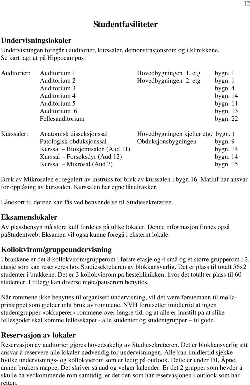 22 Kurssaler: Anatomisk disseksjonssal Hovedbygningen kjeller etg. bygn. 1 Patologisk obduksjonssal Obduksjonsbygningen bygn. 9 Kurssal Biokjemisalen (Aud 11) bygn.