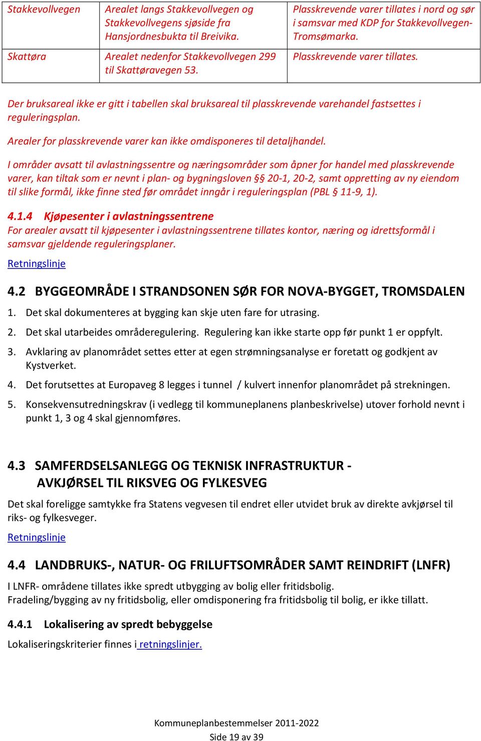 Der bruksareal ikke er gitt i tabellen skal bruksareal til plasskrevende varehandel fastsettes i reguleringsplan. Arealer for plasskrevende varer kan ikke omdisponeres til detaljhandel.