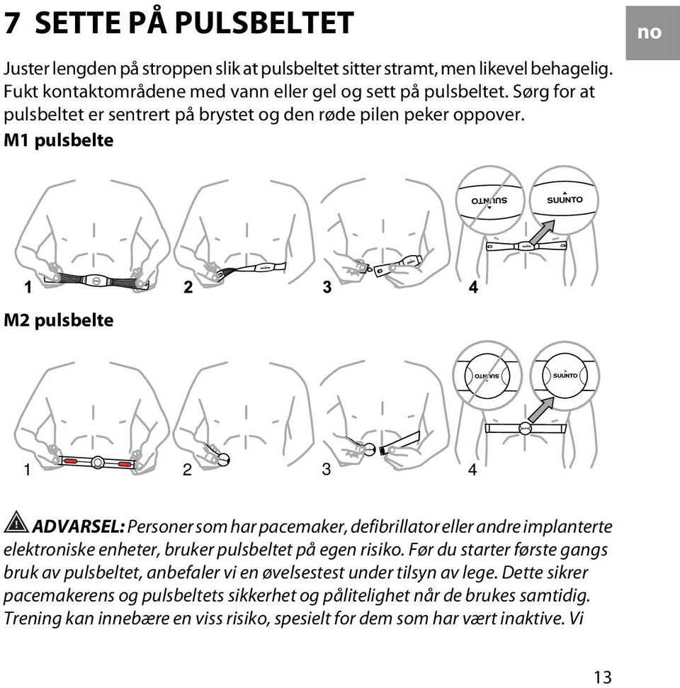 M1 pulsbelte no M2 pulsbelte 1 2 3 4 ADVARSEL: Personer som har pacemaker, defibrillator eller andre implanterte elektroniske enheter, bruker pulsbeltet på egen risiko.