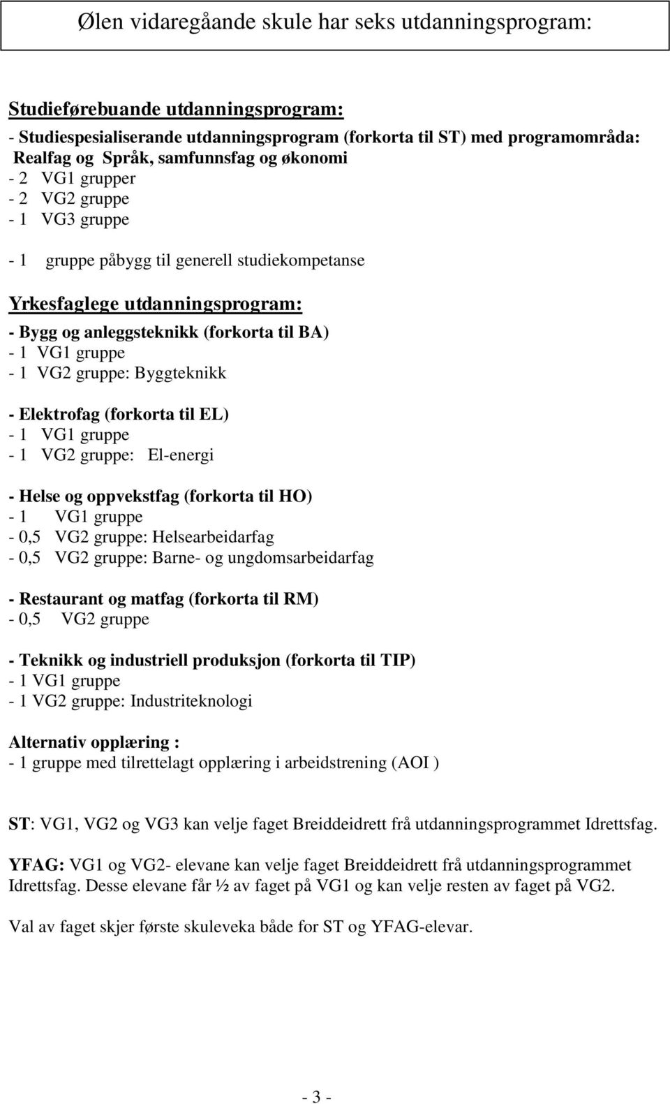 gruppe: Byggteknikk - Elektrofag (forkorta til EL) - 1 VG1 gruppe - 1 VG2 gruppe: El-energi - Helse og oppvekstfag (forkorta til HO) - 1 VG1 gruppe - 0,5 VG2 gruppe: Helsearbeidarfag - 0,5 VG2