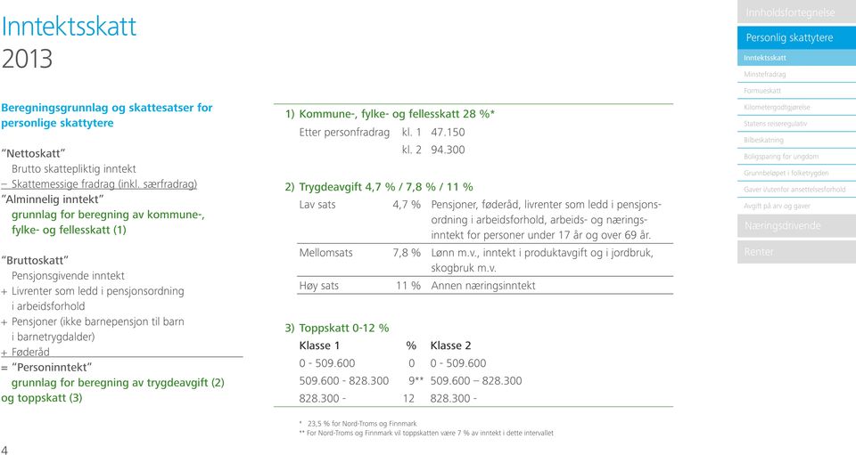 (ikke barnepensjon til barn i barnetrygdalder) + Føderåd = Personinntekt grunnlag for beregning av trygdeavgift (2) og toppskatt (3) 1) Kommune-, fylke- og fellesskatt 28 %* Etter personfradrag kl.