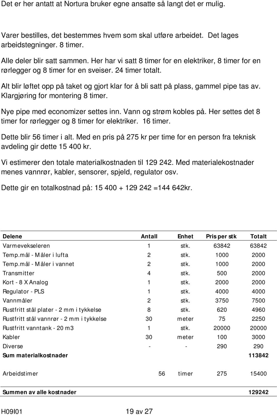 Klargjøring for montering 8 timer. Nye pipe med economizer settes inn. Vann og strøm kobles på. Her settes det 8 timer for rørlegger og 8 timer for elektriker. 16 timer. Dette blir 56 timer i alt.