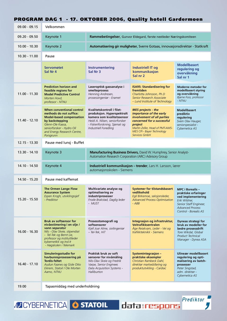 00 Pause Servomøtet Sal Nr 4 Instrumentering Sal Nr 3 Industriell IT og kommunikasjon Sal nr 2 Modellbasert regulering og overvåkning Sal nr 1 11.00-11.