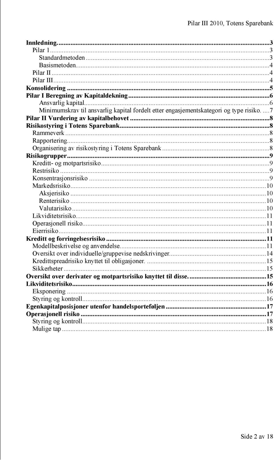 ..8 Organisering av risikostyring i Totens Sparebank...8 Risikogrupper... 9 Kreditt- og motpartsrisiko...9 Restrisiko...9 Konsentrasjonsrisiko...9 Markedsrisiko... 10 Aksjerisiko... 10 Renterisiko.