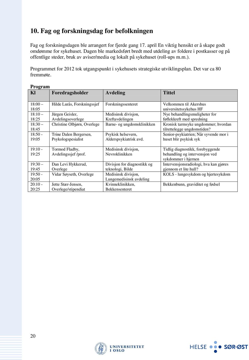 Programmet for 2012 tok utgangspunkt i sykehusets strategiske utviklingsplan. Det var ca 80 fremmøte.