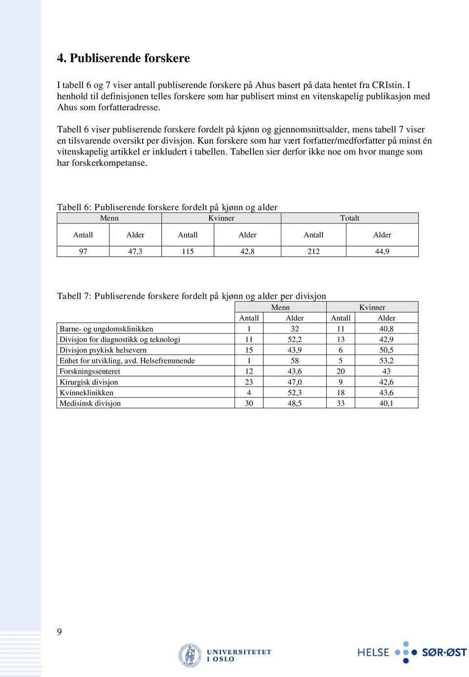 Tabell 6 viser publiserende forskere fordelt på kjønn og gjennomsnittsalder, mens tabell 7 viser en tilsvarende oversikt per divisjon.