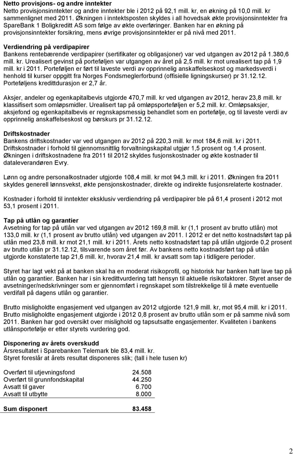 Banken har en økning på provisjonsinntekter forsikring, mens øvrige provisjonsinntekter er på nivå med 2011.