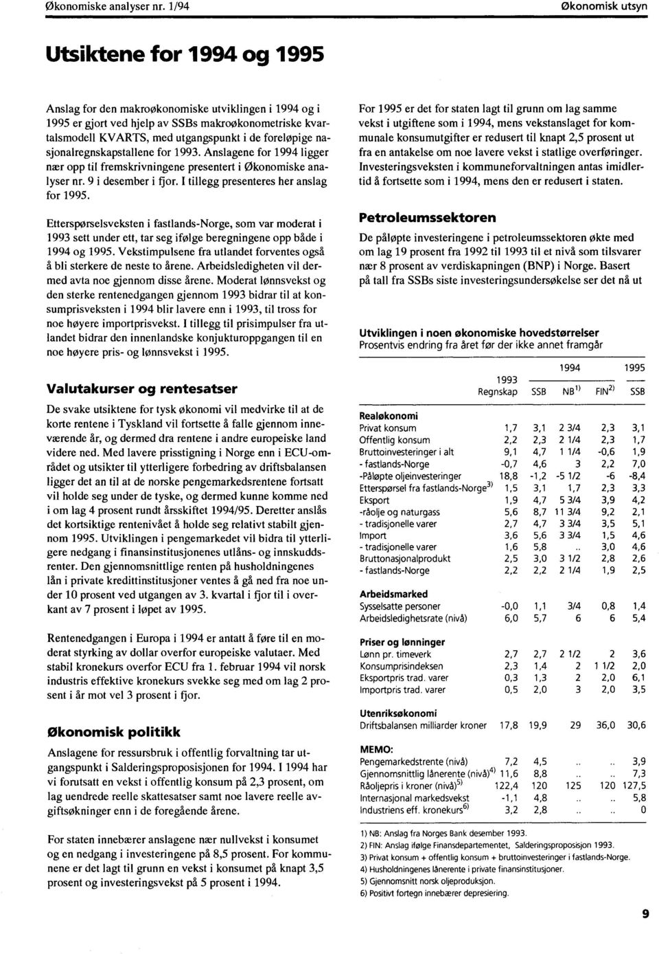 foreløpige nasjonalregnskapstallene for 1993. Anslagene for 1994 ligger nær opp til fremskrivningene presentert i  9 i desember i fjor. I tillegg presenteres her anslag for 1995.