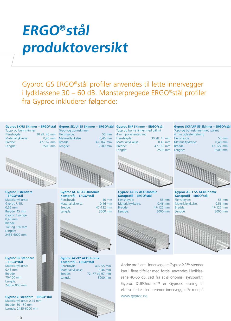 40 mm Materialtykkelse: 0,46 mm 47-162 mm 2500 mm Gyproc SK/UI 55 Skinner ERGO stål Topp- og bunnskinner Flenshøyde: 55 mm Materialtykkelse: 0,46 mm 47-162 mm 2500 mm Gyproc SKP Skinner ERGO stål