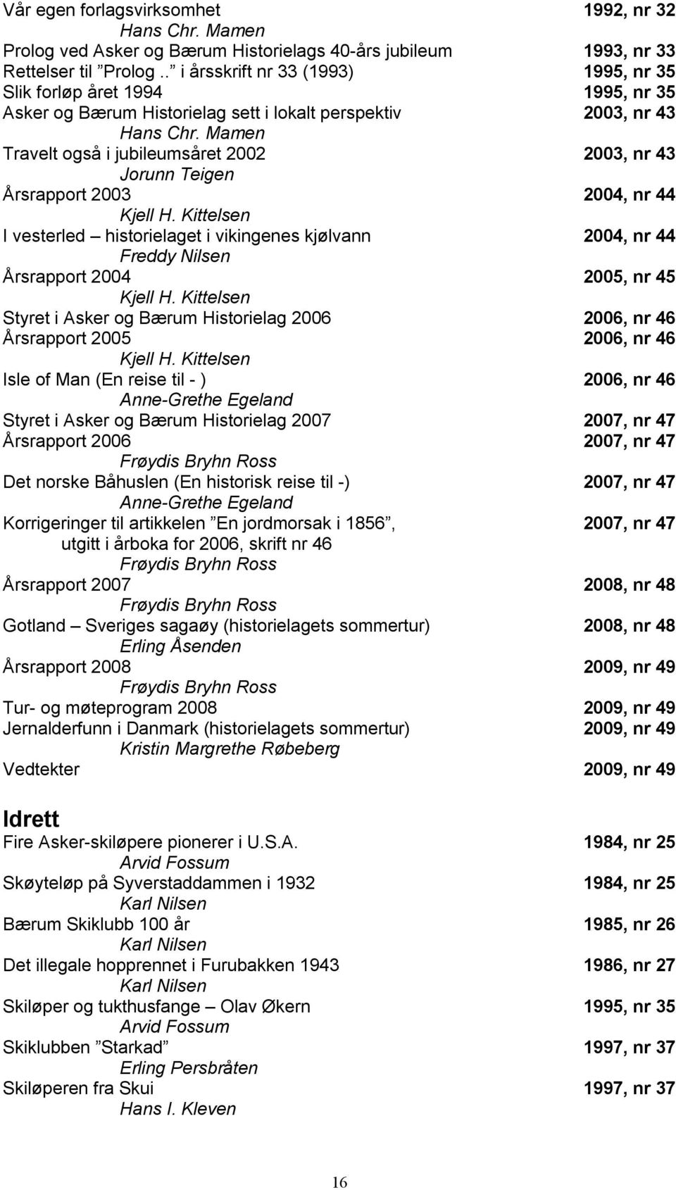 Mamen Travelt også i jubileumsåret 2002 2003, nr 43 Jorunn Teigen Årsrapport 2003 2004, nr 44 I vesterled historielaget i vikingenes kjølvann 2004, nr 44 Freddy Nilsen Årsrapport 2004 2005, nr 45