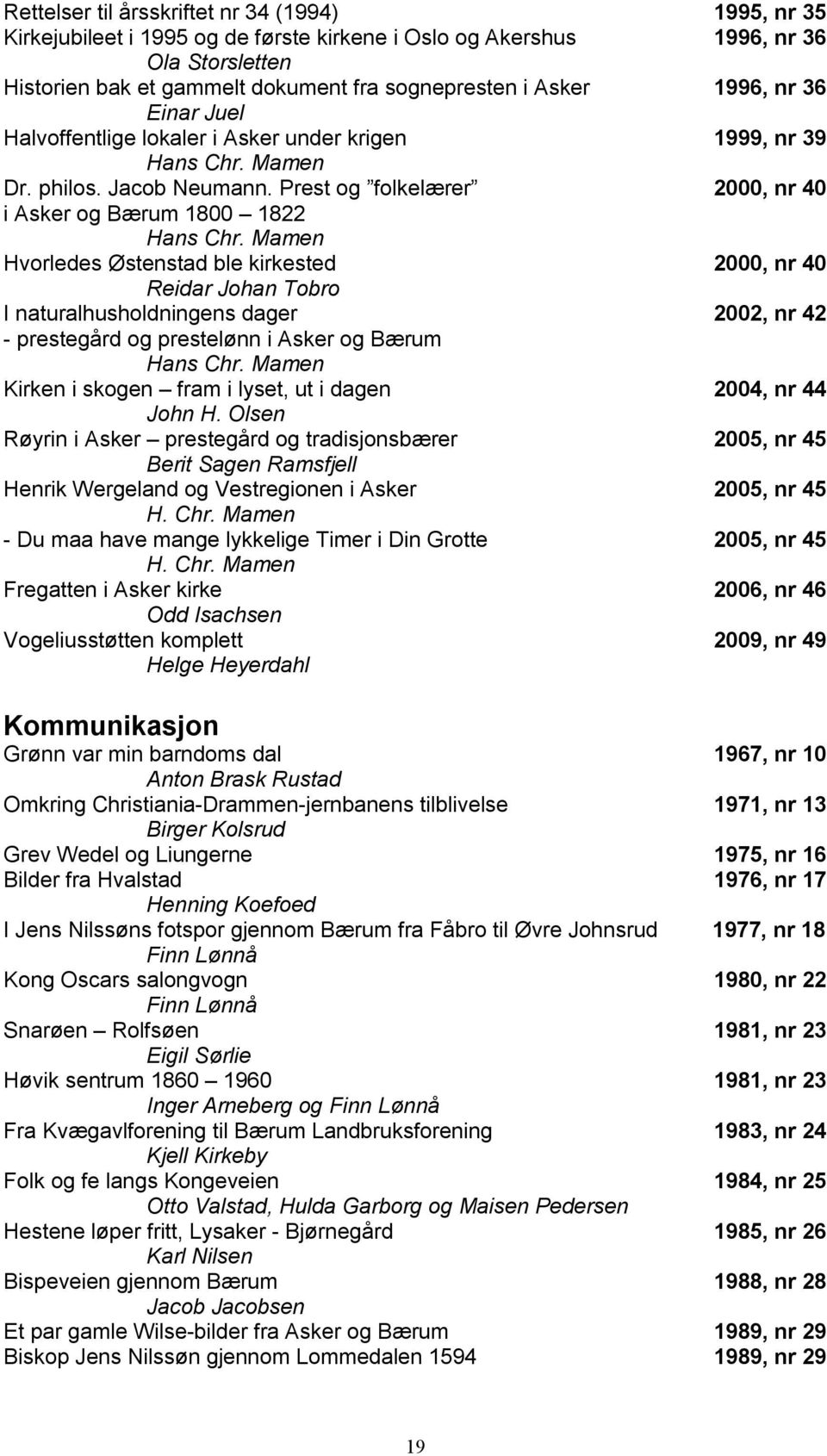 Mamen Hvorledes Østenstad ble kirkested 2000, nr 40 Reidar Johan Tobro I naturalhusholdningens dager 2002, nr 42 - prestegård og prestelønn i Asker og Bærum Hans Chr.