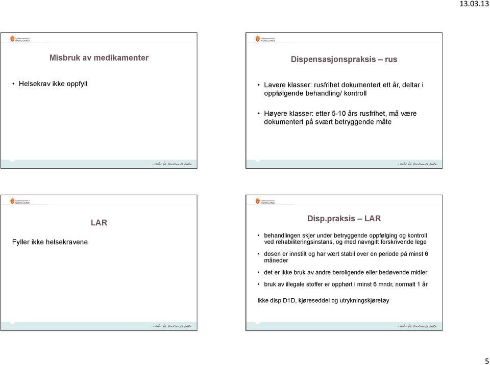 praksis LAR Fyller ikke helsekravene behandlingen skjer under betryggende oppfølging og kontroll ved rehabiliteringsinstans, og med navngitt forskrivende lege dosen