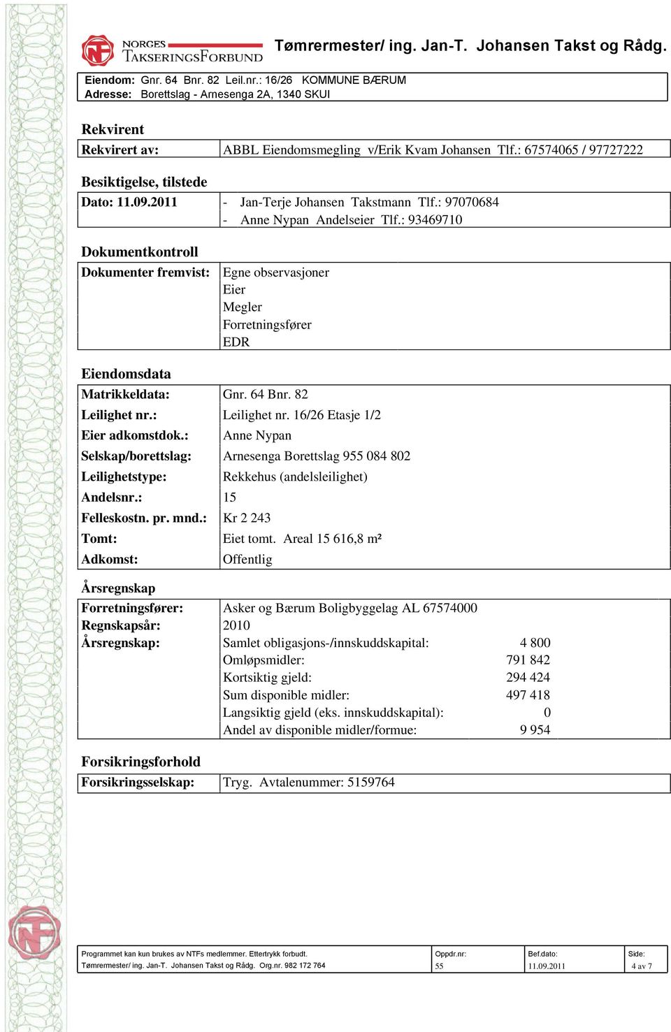 : 67574065 / 97727222 Besiktigelse, tilstede Dato: 11.09.2011 - Jan-Terje Johansen Takstmann Tlf.: 97070684 - Anne Nypan Andelseier Tlf.