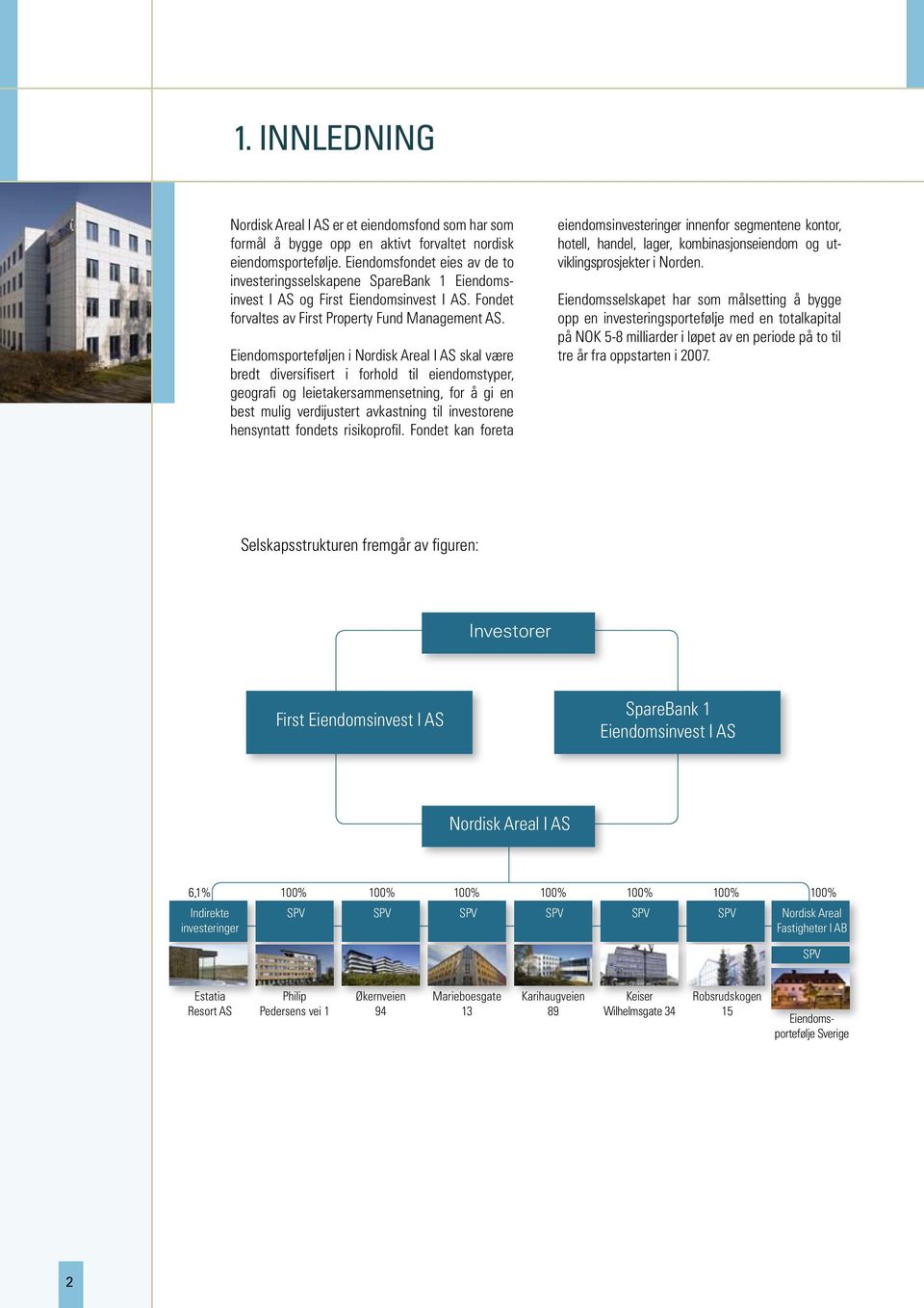 Eiendomsporteføljen i Nordisk Areal I AS skal være bredt diversifisert i forhold til eiendomstyper, geografi og leietakersammensetning, for å gi en best mulig verdijustert avkastning til investorene