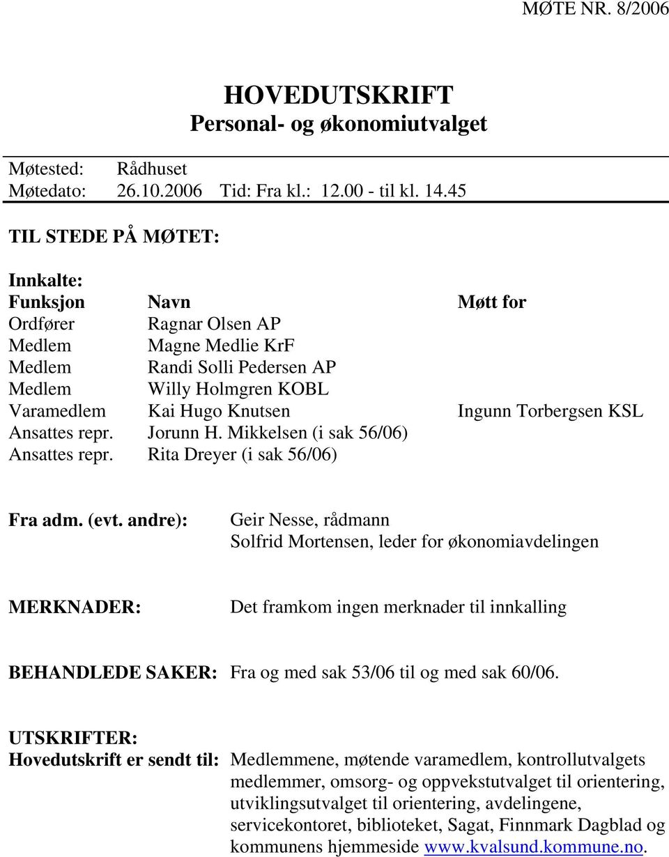 Torbergsen KSL Ansattes repr. Jorunn H. Mikkelsen (i sak 56/06) Ansattes repr. Rita Dreyer (i sak 56/06) Fra adm. (evt.