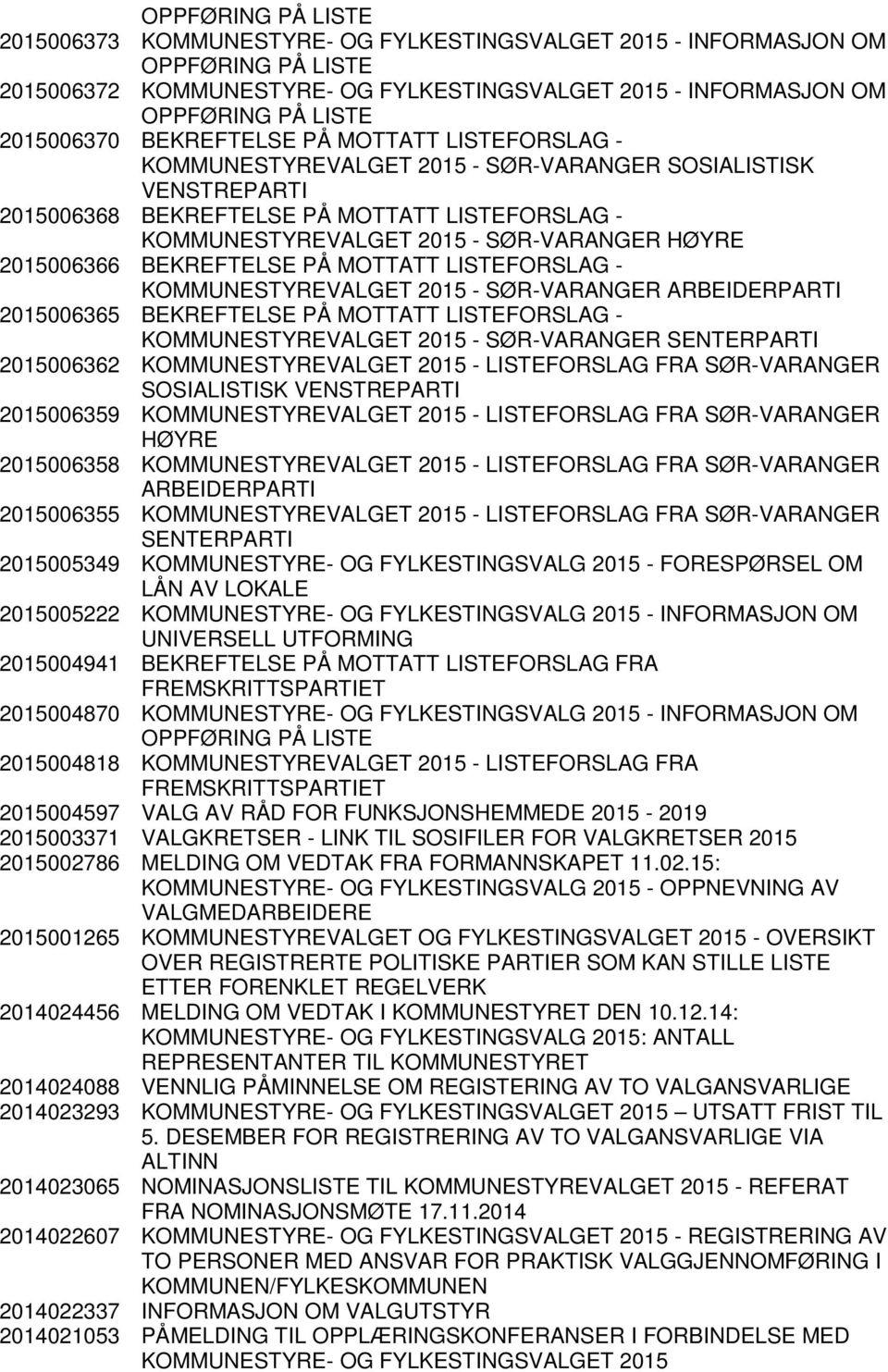 KOMMUNESTYREVALGET 2015 - ARBEIDERPARTI 2015006365 BEKREFTELSE PÅ MOTTATT LISTEFORSLAG - KOMMUNESTYREVALGET 2015 - SENTERPARTI 2015006362 KOMMUNESTYREVALGET 2015 - LISTEFORSLAG FRA SOSIALISTISK