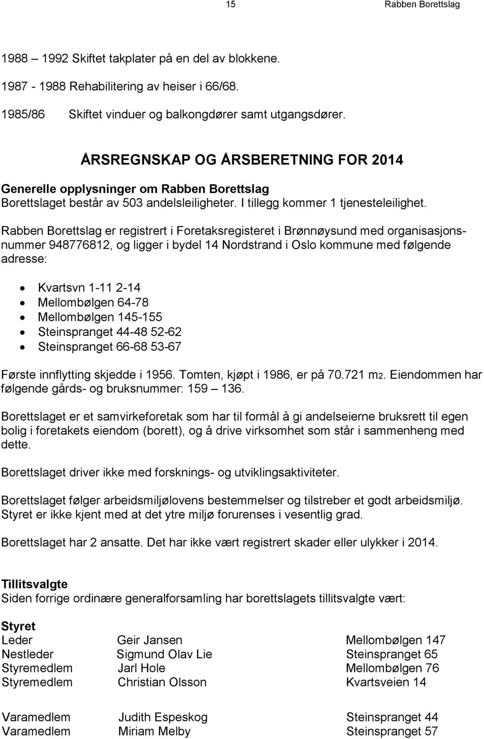 Rabben Borettslag er registrert i Foretaksregisteret i Brønnøysund med organisasjonsnummer 948776812, og ligger i bydel 14 Nordstrand i Oslo kommune med følgende adresse: Kvartsvn 1-11 2-14