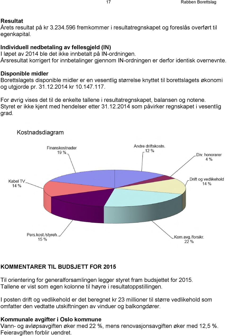 Disponible midler Borettslagets disponible midler er en vesentlig størrelse knyttet til borettslagets økonomi og utgjorde pr. 31.12.2014 kr 10.147.117.