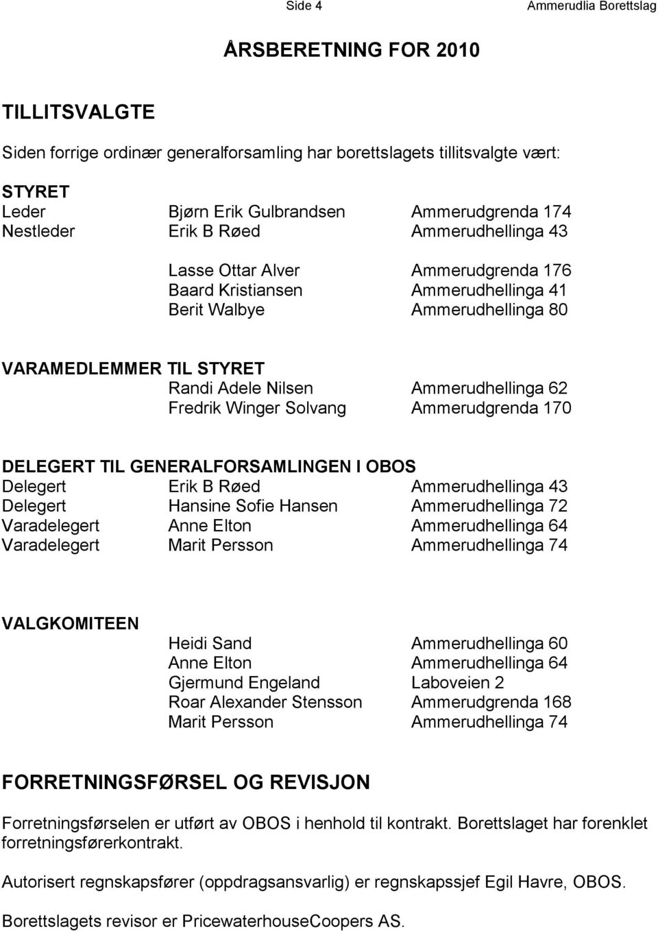 Ammerudhellinga 62 Fredrik Winger Solvang Ammerudgrenda 170 DELEGERT TIL GENERALFORSAMLINGEN I OBOS Delegert Erik B Røed Ammerudhellinga 43 Delegert Hansine Sofie Hansen Ammerudhellinga 72