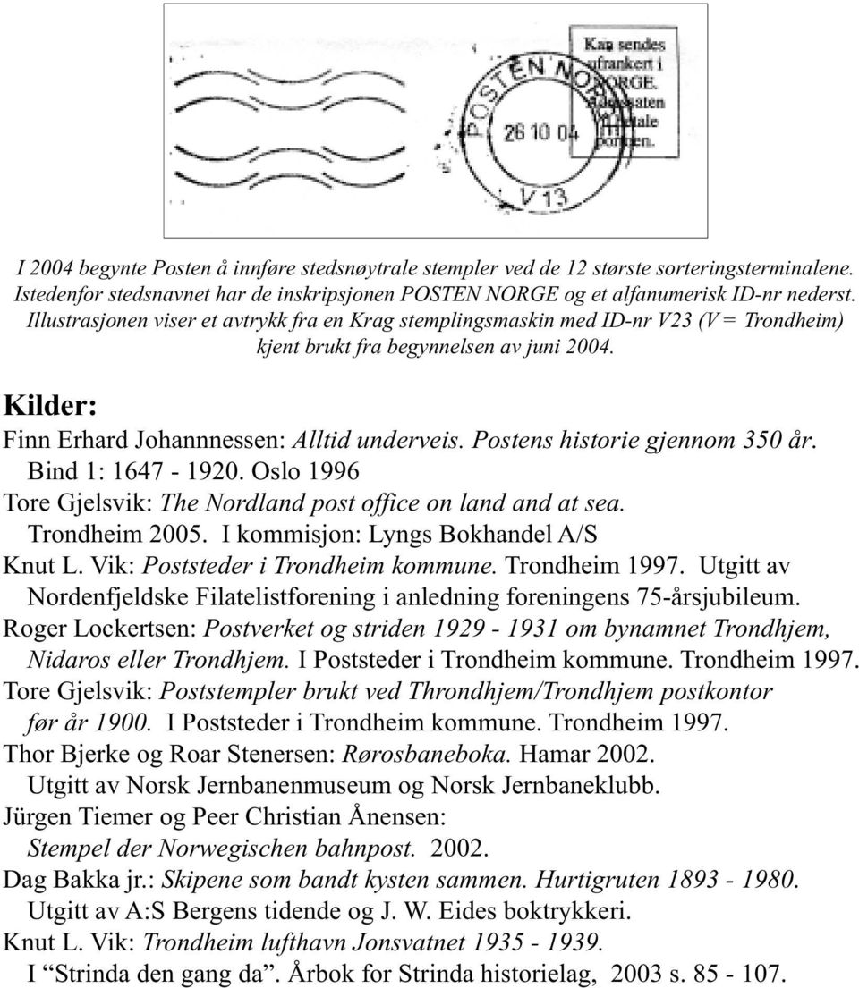 Postens historie gjennom 350 år. Bind 1: 1647-1920. Oslo 1996 Tore Gjelsvik: The Nordland post office on land and at sea. Trondheim 2005. I kommisjon: Lyngs Bokhandel A/S Knut L.