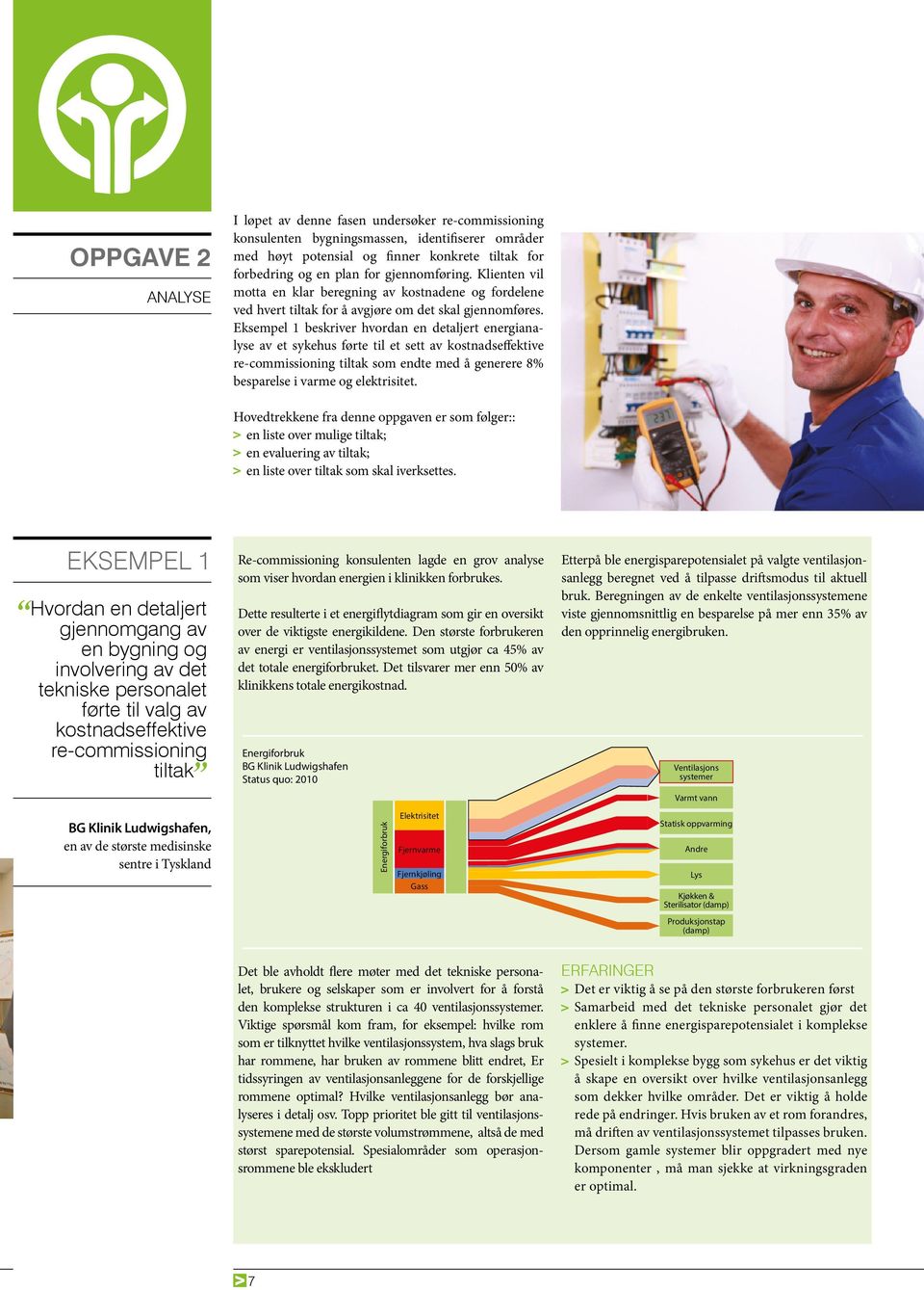 Eksempel 1 beskriver hvordan en detaljert energianalyse av et sykehus førte til et sett av kostnadseffektive re-commissioning tiltak som endte med å generere 8% besparelse i varme og elektrisitet.