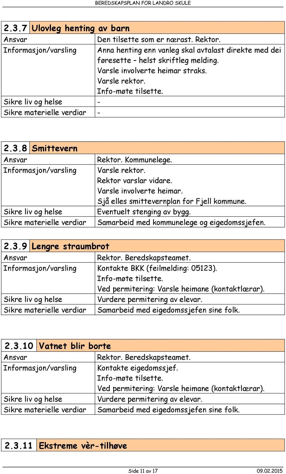 Eventuelt stenging av bygg. Samarbeid med kommunelege og eigedomssjefen. 2.3.9 Lengre straumbrot Rektor. Beredskapsteamet. Kontakte BKK (feilmelding: 05123). Info-møte tilsette.