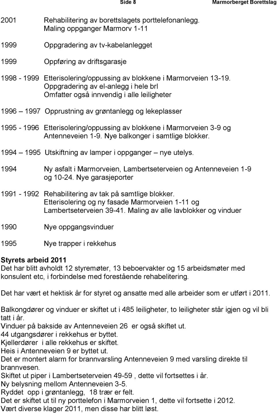 Oppgradering av el-anlegg i hele brl Omfatter også innvendig i alle leiligheter 1996 1997 Opprustning av grøntanlegg og lekeplasser 1995-1996 Etterisolering/oppussing av blokkene i Marmorveien 3-9 og