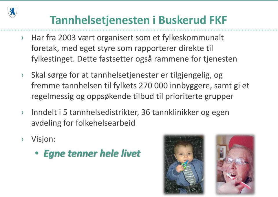 Dette fastsetter også rammene for tjenesten Skal sørge for at tannhelsetjenester er tilgjengelig, og fremme tannhelsen til