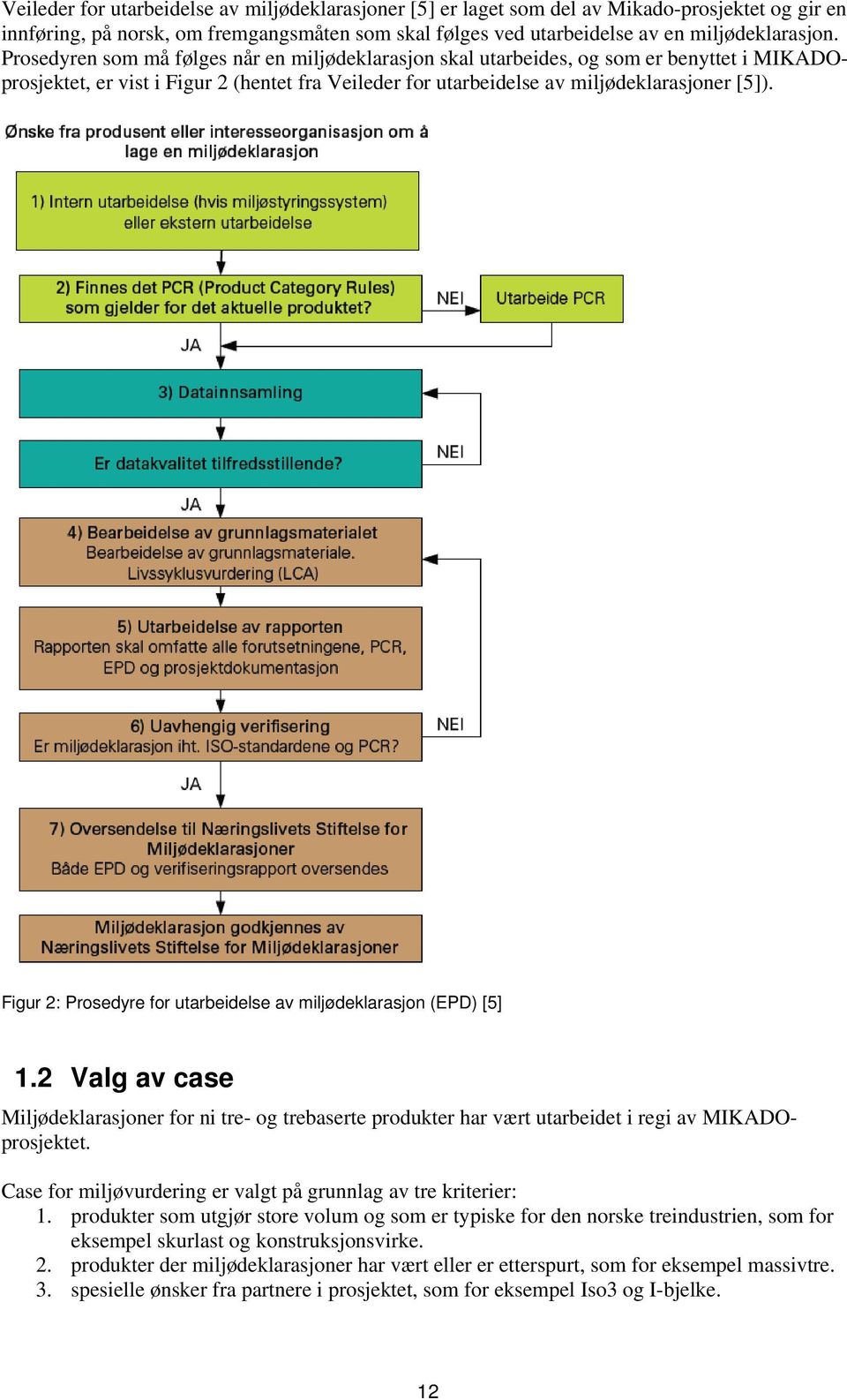 Figur 2: Prosedyre for utarbeidelse av miljødeklarasjon (EPD) [5] 1.2 Valg av case Miljødeklarasjoner for ni tre- og trebaserte produkter har vært utarbeidet i regi av MIKADOprosjektet.