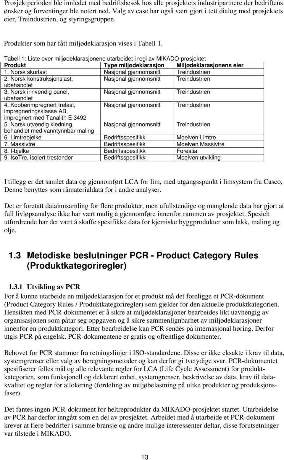 Tabell 1: Liste over miljødeklarasjonene utarbeidet i regi av MIKADO-prosjektet Produkt Type miljødeklarasjon Miljødeklarasjonens eier 1. Norsk skurlast Nasjonal gjennomsnitt Treindustrien 2.