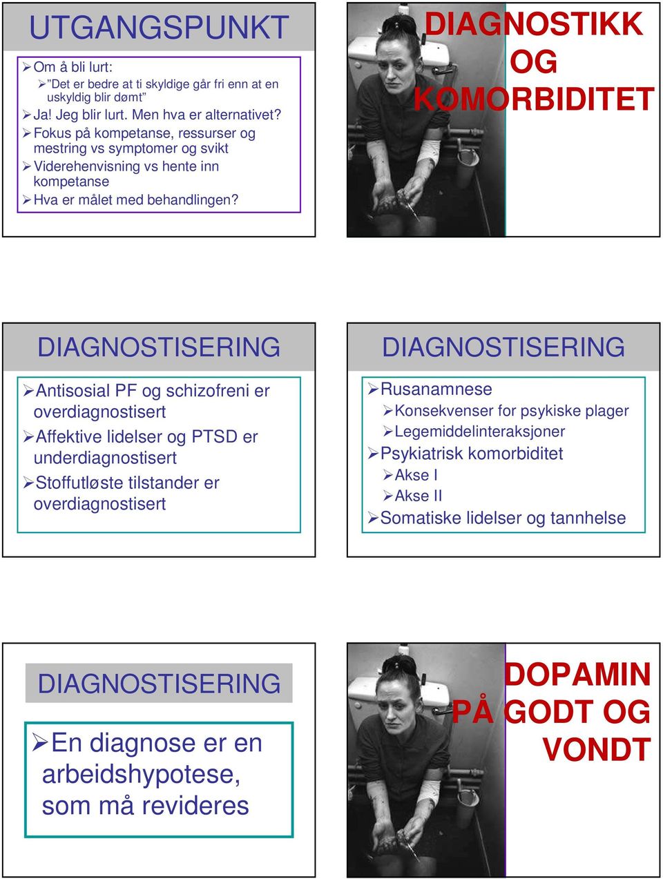 DIAGNOSTIKK OG KOMORBIDITET DIAGNOSTISERING Antisosial PF og schizofreni er overdiagnostisert Affektive lidelser og PTSD er underdiagnostisert Stoffutløste tilstander er