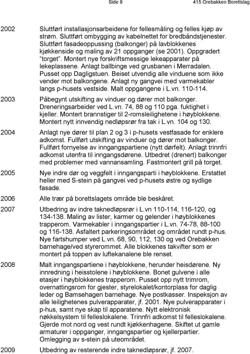 Anlagt ballbinge ved grusbanen i Merradalen. Pusset opp Dagligstuen. Beiset utvendig alle vinduene som ikke vender mot balkongene. Anlagt ny gangvei med varmekabler langs p-husets vestside.