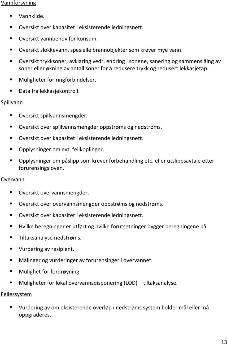 Data fra lekkasjekontroll. Spillvann Oversikt spillvannsmengder. Oversikt over spillvannsmengder oppstrøms og nedstrøms. Oversikt over kapasitet i eksisterende ledningsnett. Opplysninger om evt.