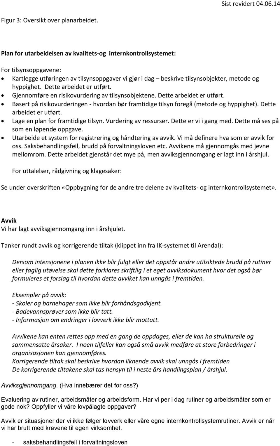 Dette arbeidet er utført. Gjennomføre en risikovurdering av tilsynsobjektene. Dette arbeidet er utført. Basert på risikovurderingen - hvordan bør framtidige tilsyn foregå (metode og hyppighet).