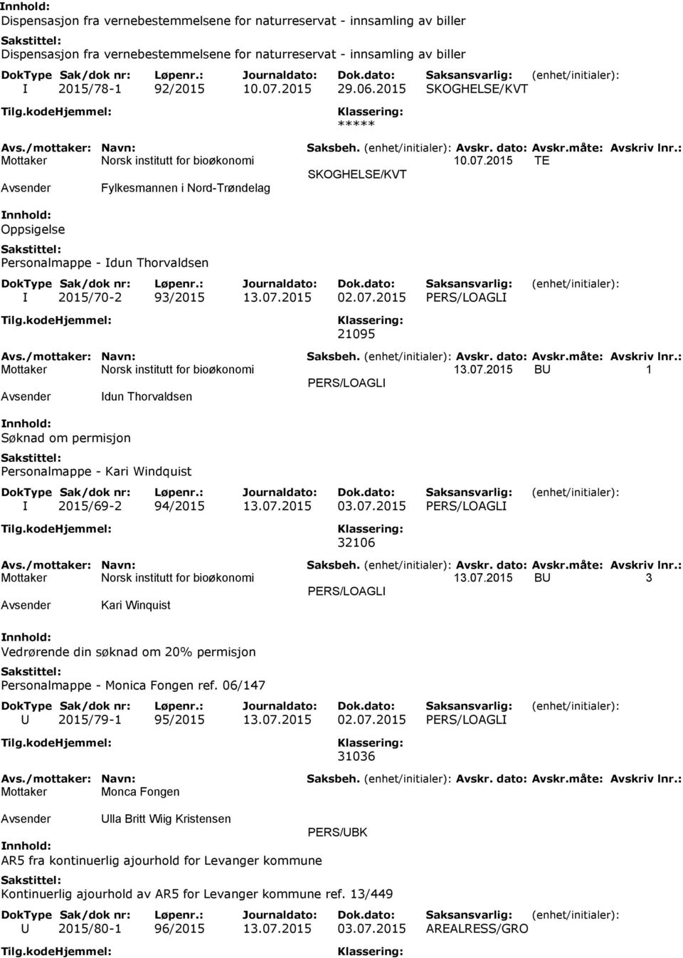 07.2015 03.07.2015 PERS/LOAGLI 32106 13.07.2015 BU 3 PERS/LOAGLI Kari Winquist Vedrørende din søknad om 20% permisjon Personalmappe - Monica Fongen ref. 06/147 U 2015/79-1 95/2015 13.07.2015 02.07.2015 PERS/LOAGLI Mottaker Monca Fongen 31036 Ulla Britt Wiig Kristensen PERS/UBK AR5 fra kontinuerlig ajourhold for Levanger kommune Kontinuerlig ajourhold av AR5 for Levanger kommune ref.