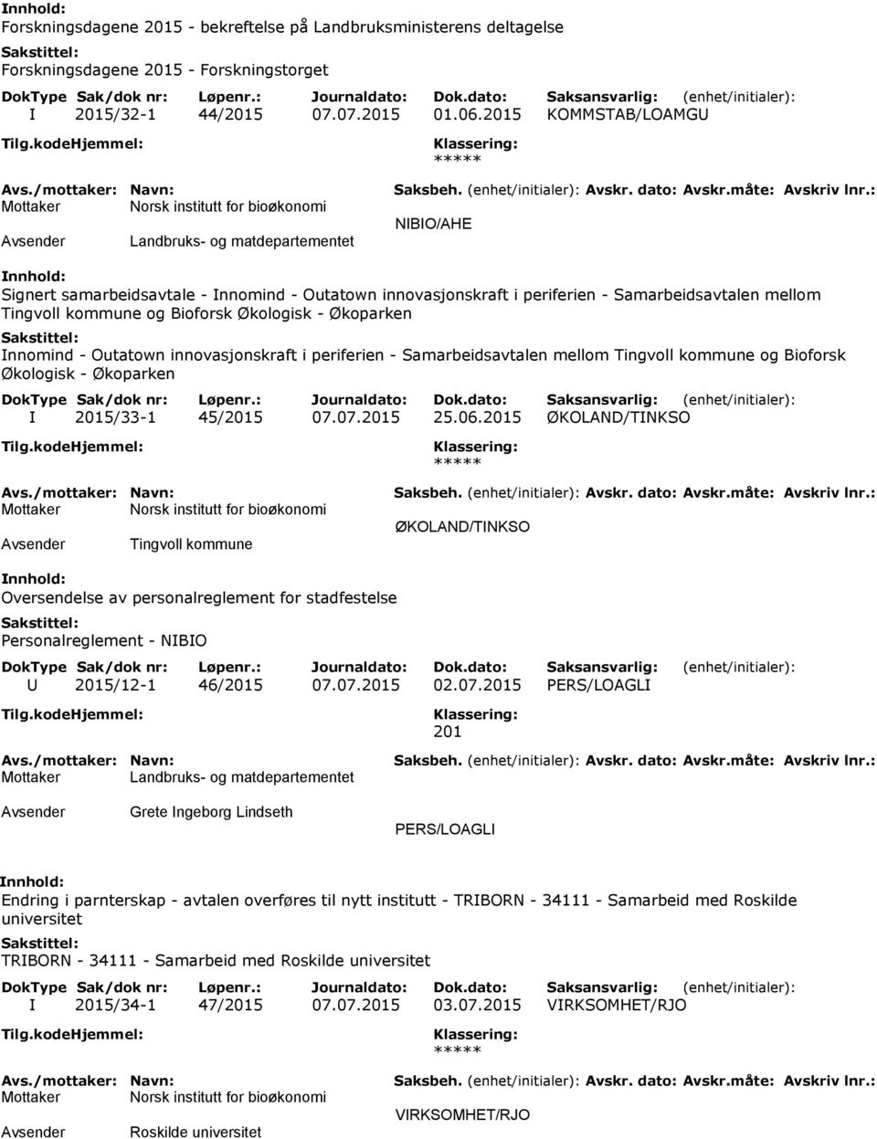 Økologisk - Økoparken Innomind - Outatown innovasjonskraft i periferien - Samarbeidsavtalen mellom Tingvoll kommune og Bioforsk Økologisk - Økoparken I 2015/33-1 45/2015 07.07.2015 25.06.