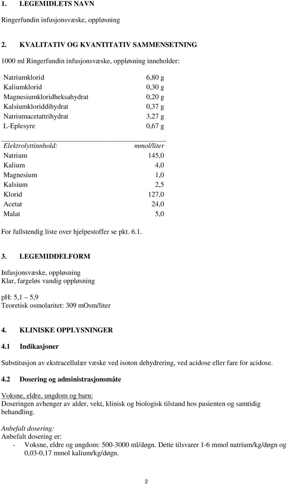 L-Eplesyre 6,80 g 0,30 g 0,20 g 0,37 g 3,27 g 0,67 g Elektrolyttinnhold: mmol/liter Natrium 145,0 Kalium 4,0 Magnesium 1,0 Kalsium 2,5 Klorid 127,0 Acetat 24,0 Malat 5,0 For fullstendig liste over