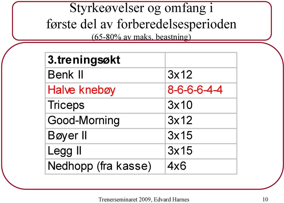 treningsøkt Benk II 3x12 Halve knebøy 8-6-6-6-4-4 Triceps