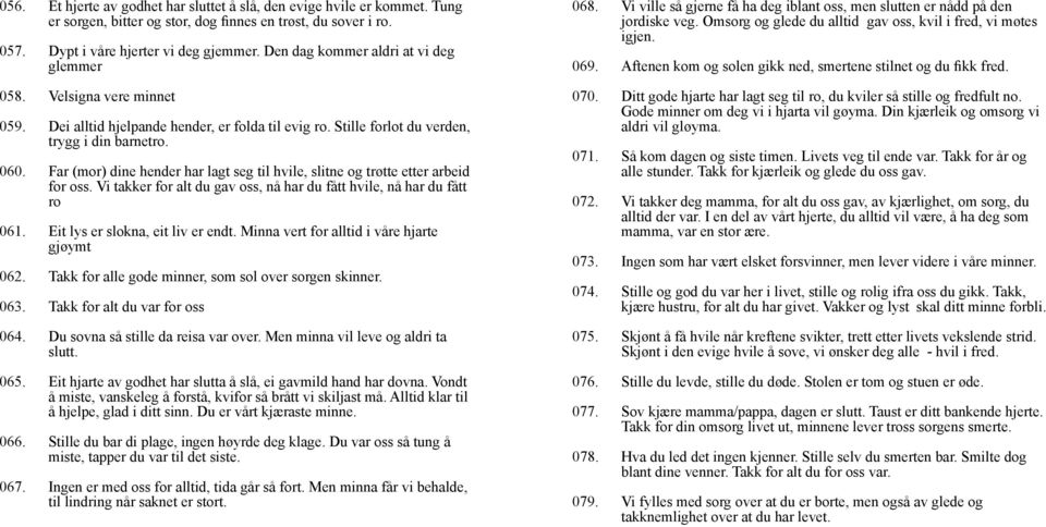 Far (mor) dine hender har lagt seg til hvile, slitne og trøtte etter arbeid for oss. Vi takker for alt du gav oss, nå har du fått hvile, nå har du fått ro 061. Eit lys er slokna, eit liv er endt.