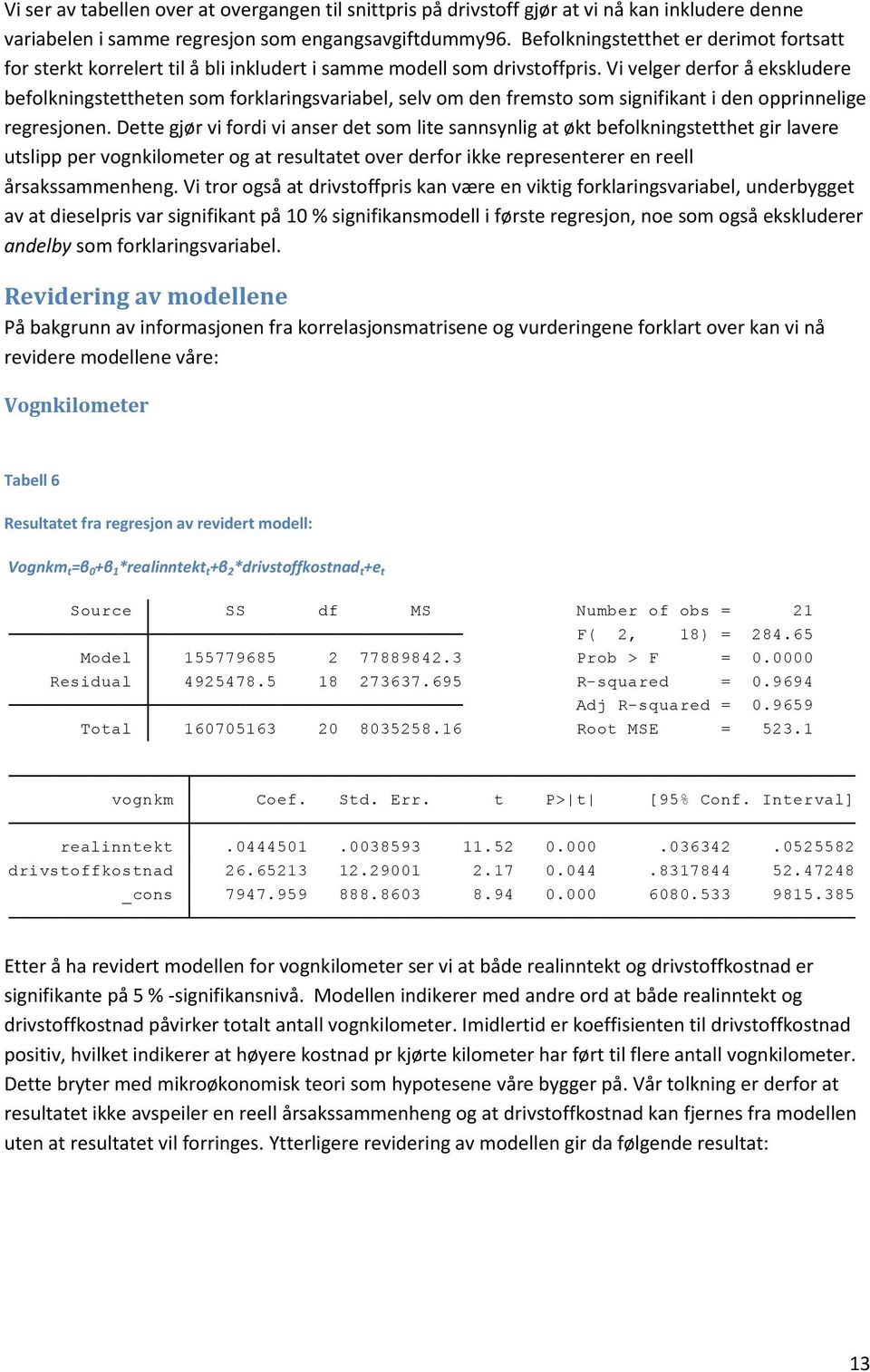 Vi velger derfor å ekskludere befolkningstettheten som forklaringsvariabel, selv om den fremsto som signifikant i den opprinnelige regresjonen.