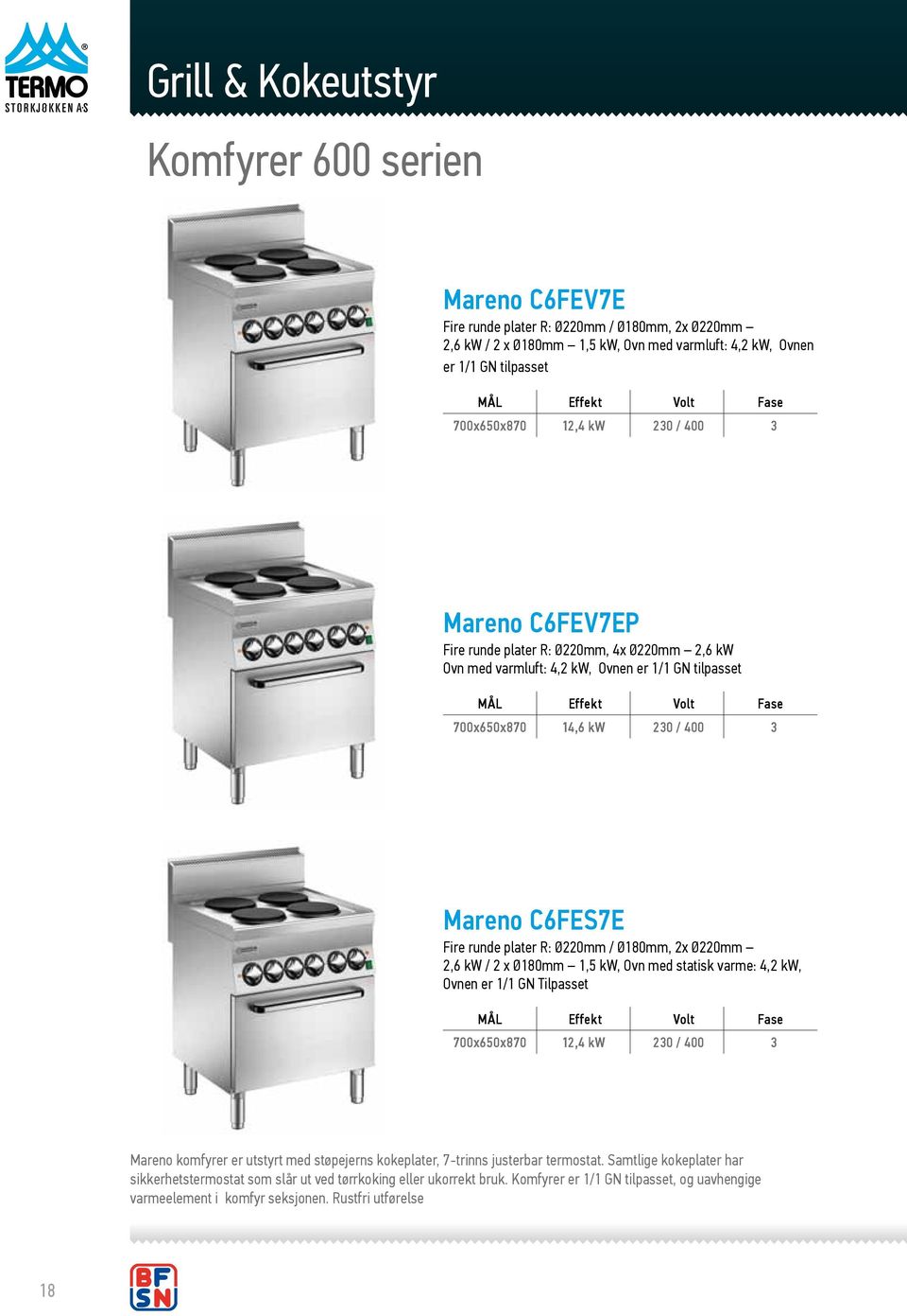 Ø220mm / Ø180mm, 2x Ø220mm 2,6 kw / 2 x Ø180mm 1,5 kw, Ovn med statisk varme: 4,2 kw, Ovnen er 1/1 GN Tilpasset 700x650x870 12,4 kw 230 / 400 3 Mareno komfyrer er utstyrt med støpejerns kokeplater,