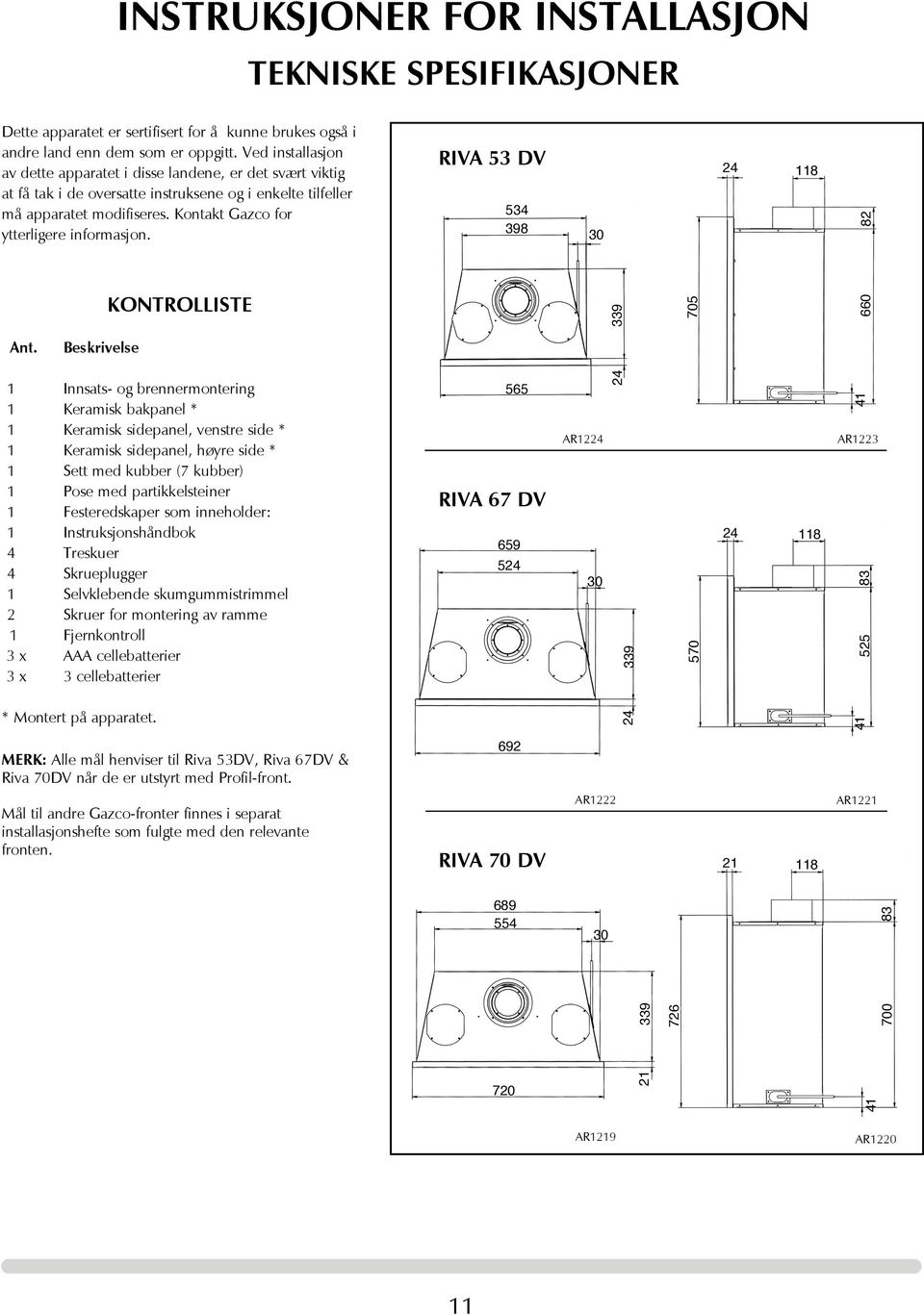 Kontakt Gazco for ytterligere informasjon. KONTROLLISTE RIVA 53 DV 534 398 30 339 705 24 118 660 82 Ant.