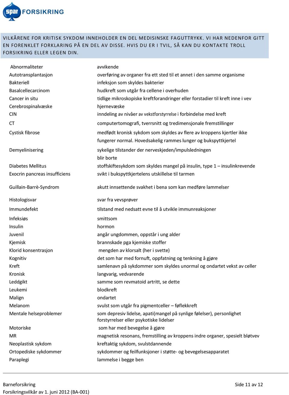 Abnormaliteter Autotransplantasjon Bakteriell Basalcellecarcinom Cancer in situ Cerebrospinalvæske CIN CT Cystisk fibrose Demyelinisering Diabetes Mellitus Exocrin pancreas insufficiens