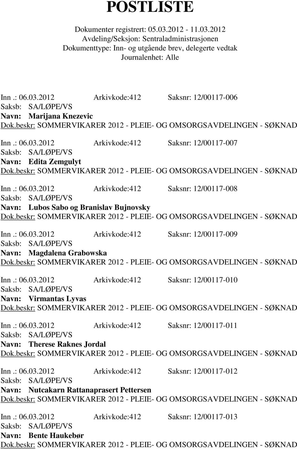 : 06.03.2012 Arkivkode:412 Saksnr: 12/00117-012 Navn: Nutcakarn Rattanaprasert Pettersen Inn.: 06.03.2012 Arkivkode:412 Saksnr: 12/00117-013 Navn: Bente Haukebør