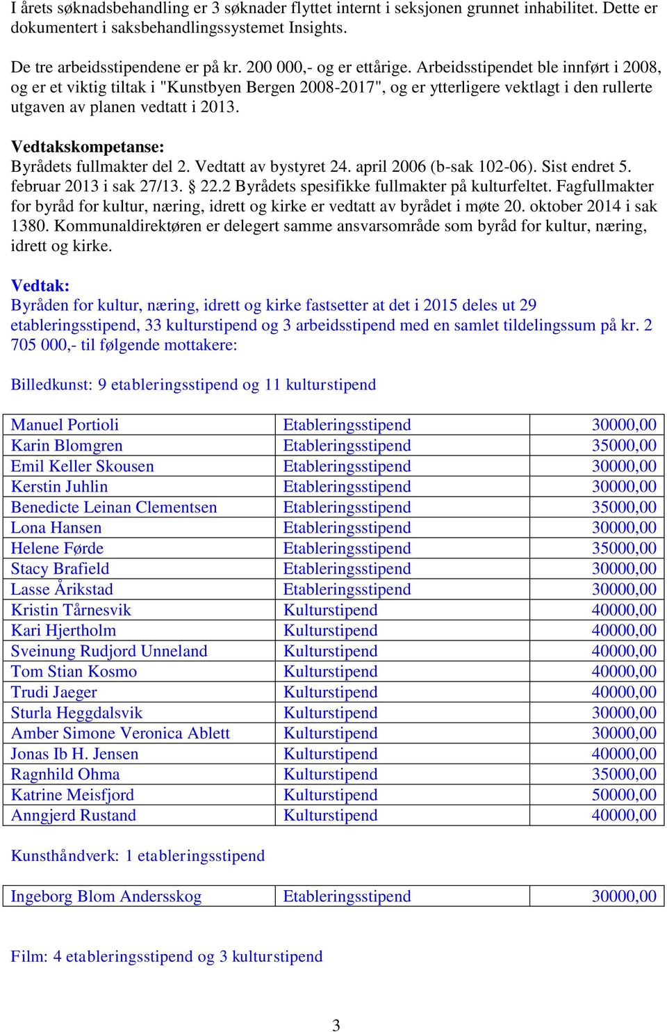 Vedtakskompetanse: Byrådets fullmakter del 2. Vedtatt av bystyret 24. april 2006 (b-sak 102-06). Sist endret 5. februar 2013 i sak 27/13. 22.2 Byrådets spesifikke fullmakter på kulturfeltet.