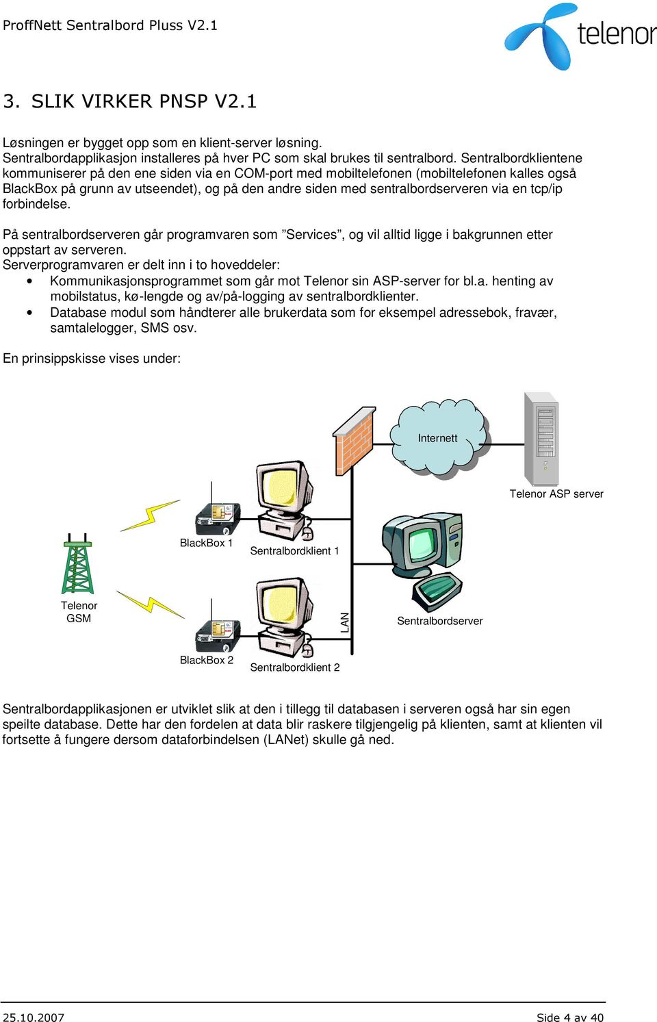 tcp/ip forbindelse. På sentralbordserveren går programvaren som Services, og vil alltid ligge i bakgrunnen etter oppstart av serveren.